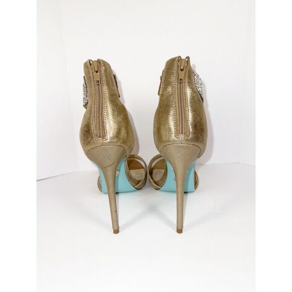 Betsey Johnson Formal Heels Rhinestone Ankle Strap Stiletto Gold Prom Wedding 9M - Picture 9 of 15